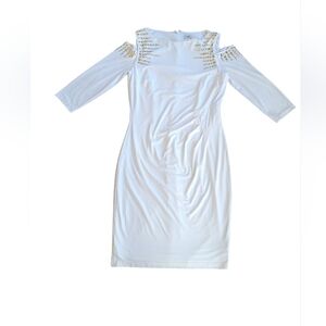 Cache Women's White W Gold Embellishments Cold Shoulder Dress SZ 10